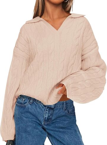 BTFBM Women's Oversized Sweaters Fall Fashion Clothes 2025 Trendy Knit Pullover Casual Long Sleeve V Neck Sweater Jumper Tops in Saudi Arabia
