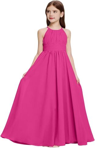 Halter Neck Junior Bridesmaid Dresses Ruched Chiffon Flower Girl Dress for Wedding Party Formal Gowns in Saudi Arabia