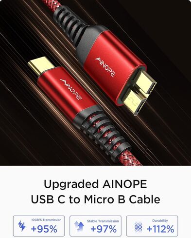 AINOPE External Hard Drive Cord 10Gbps Micro B to USB C External Hard Drive USB C to Micro B Cable Nylon Braided for MacBook Air/Pro, Seagate, WD Toshiba, SSD, iPhone, iPad, Camera, 1.6FT, Grey in Kuwait
