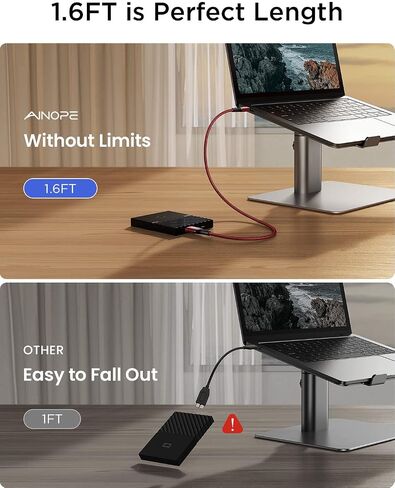 AINOPE External Hard Drive Cord 10Gbps Micro B to USB C External Hard Drive USB C to Micro B Cable Nylon Braided for MacBook Air/Pro, Seagate, WD Toshiba, SSD, iPhone, iPad, Camera, 1.6FT, Grey in Kuwait