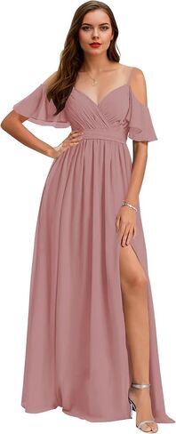 Women’s V Neck Chiffon Bridesmaid Dresses 2025 Cold Shoulder Pleated Formal Evening Dress with Slit in Saudi Arabia