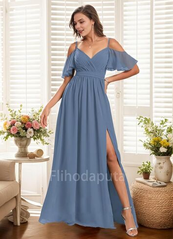 Women’s V Neck Chiffon Bridesmaid Dresses 2025 Cold Shoulder Pleated Formal Evening Dress with Slit in Saudi Arabia