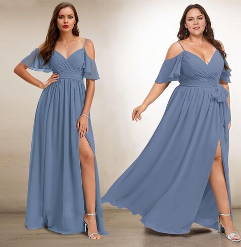 Women’s V Neck Chiffon Bridesmaid Dresses 2025 Cold Shoulder Pleated Formal Evening Dress with Slit in Saudi Arabia