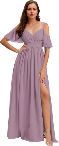 Women’s V Neck Chiffon Bridesmaid Dresses 2025 Cold Shoulder Pleated Formal Evening Dress with Slit in Saudi Arabia
