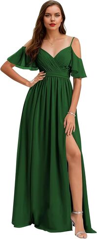 Women’s V Neck Chiffon Bridesmaid Dresses 2025 Cold Shoulder Pleated Formal Evening Dress with Slit in Saudi Arabia