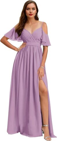 Women’s V Neck Chiffon Bridesmaid Dresses 2025 Cold Shoulder Pleated Formal Evening Dress with Slit in Saudi Arabia