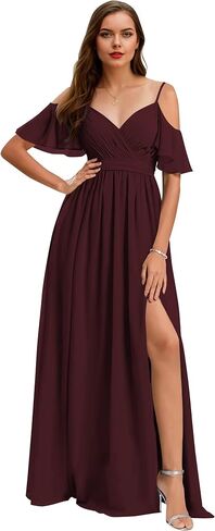 Women’s V Neck Chiffon Bridesmaid Dresses 2025 Cold Shoulder Pleated Formal Evening Dress with Slit in Saudi Arabia