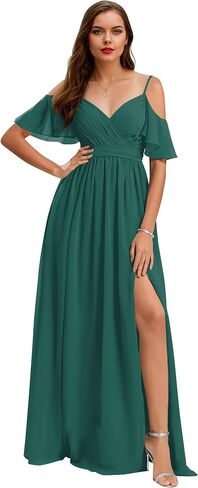 Women’s V Neck Chiffon Bridesmaid Dresses 2025 Cold Shoulder Pleated Formal Evening Dress with Slit in Saudi Arabia