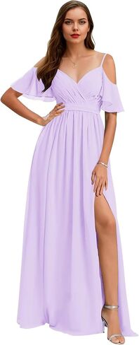 Women’s V Neck Chiffon Bridesmaid Dresses 2025 Cold Shoulder Pleated Formal Evening Dress with Slit in Saudi Arabia