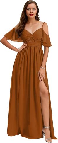 Women’s V Neck Chiffon Bridesmaid Dresses 2025 Cold Shoulder Pleated Formal Evening Dress with Slit in Saudi Arabia