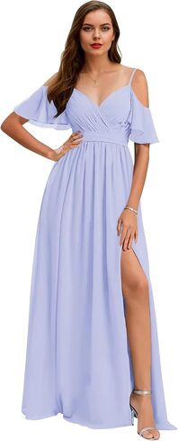 Women’s V Neck Chiffon Bridesmaid Dresses 2025 Cold Shoulder Pleated Formal Evening Dress with Slit in Saudi Arabia