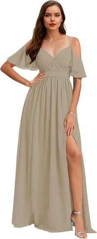 Women’s V Neck Chiffon Bridesmaid Dresses 2025 Cold Shoulder Pleated Formal Evening Dress with Slit in Saudi Arabia
