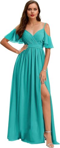 Women’s V Neck Chiffon Bridesmaid Dresses 2025 Cold Shoulder Pleated Formal Evening Dress with Slit in Saudi Arabia