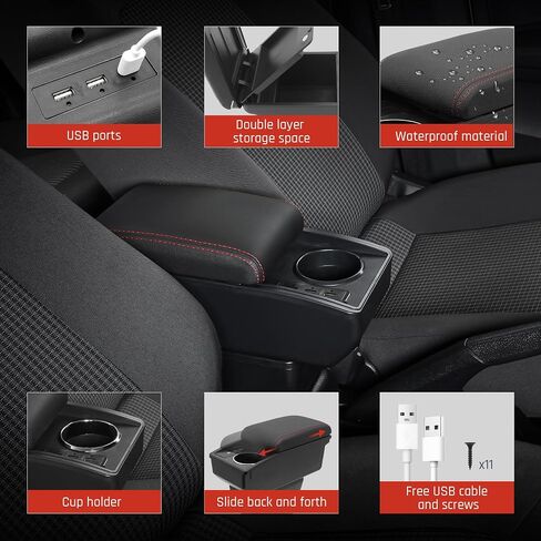 صندوق تخزين ذراع yjywzh للركوب ل Mitsubishi Mirage Attrage 2014-2024 مربع مسند وحدة التحكم في مركز وحدة التحكم في الطبقة المزدوجة مع 6 موانئ USB وملحقات السيارة الداخلية للسيارة (الخيط الأحمر) in Saudi Arabia