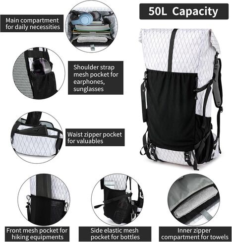 Hiking Backpack,40L to 50L Extra Large Capacity Hiking Bag, Internal Frame Camping Backpack, Upgraded X-PAC Lightweight Sport Daypack Travel Backpack Fit For Mountain Climbing Camping(Yellow) in Kuwait