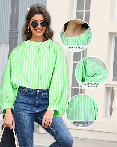 Women's 3/4 Length Sleeve Button Down Blouse, One Size, Plaid Design, Casual Summer Top, Relaxed fit in Saudi Arabia