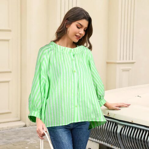 Women's 3/4 Length Sleeve Button Down Blouse, One Size, Plaid Design, Casual Summer Top, Relaxed fit in Saudi Arabia
