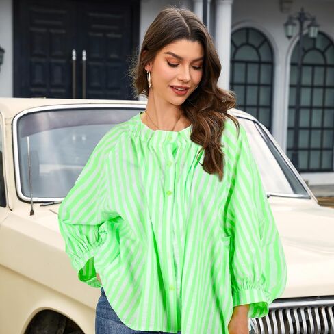 Women's 3/4 Length Sleeve Button Down Blouse, One Size, Plaid Design, Casual Summer Top, Relaxed fit in Saudi Arabia