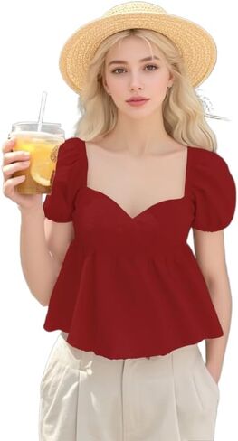 SKAYS Women's Summer Solid Shirt Puff Sleeves Ruffled Back Casual Cute Ruffle Hem Tops in Saudi Arabia