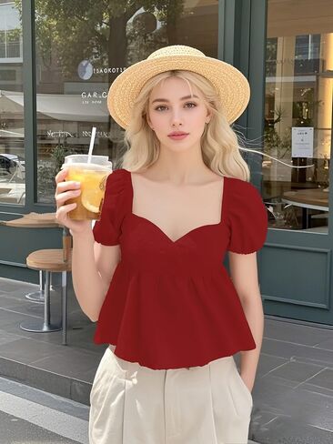 SKAYS Women's Summer Solid Shirt Puff Sleeves Ruffled Back Casual Cute Ruffle Hem Tops in Saudi Arabia