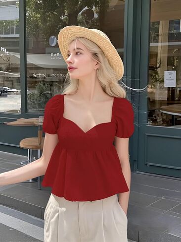 SKAYS Women's Summer Solid Shirt Puff Sleeves Ruffled Back Casual Cute Ruffle Hem Tops in Saudi Arabia