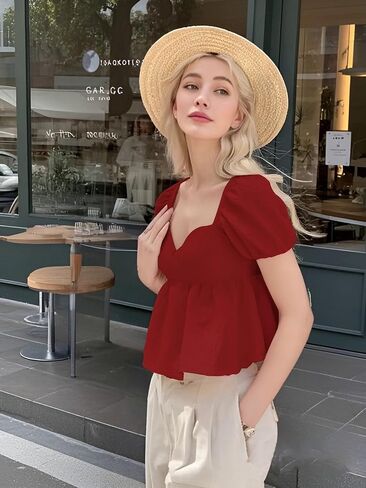 SKAYS Women's Summer Solid Shirt Puff Sleeves Ruffled Back Casual Cute Ruffle Hem Tops in Saudi Arabia