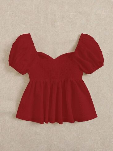 SKAYS Women's Summer Solid Shirt Puff Sleeves Ruffled Back Casual Cute Ruffle Hem Tops in Saudi Arabia