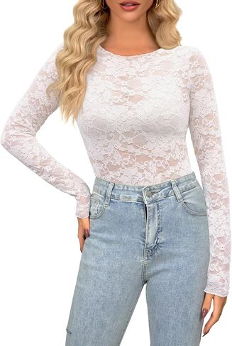 Diosun Womens Lace Floral Tops Long Sleeve Mesh Dound Neck Sexy See من خلال قمصان بلوزات زهرية in Kuwait
