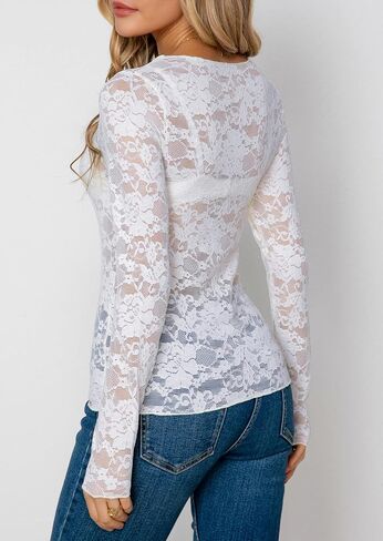 Diosun Womens Lace Floral Tops Long Sleeve Mesh Dound Neck Sexy See من خلال قمصان بلوزات زهرية in Kuwait