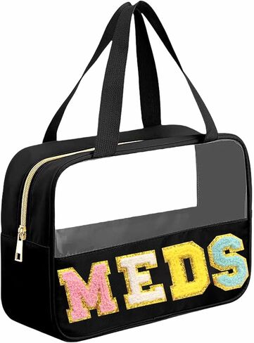 Chenille Letter MEDS Bag Clear Medical Medicine bag for Traveling Preppy Emergency Patch Bag with Handle and Zipper Waterproof Nylon Portable Makeup Bag for Women in Saudi Arabia