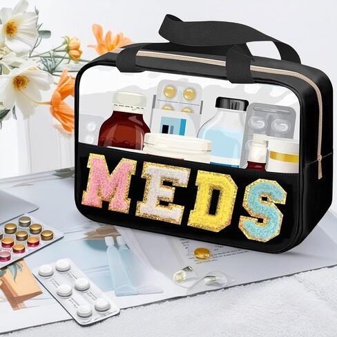 Chenille Letter MEDS Bag Clear Medical Medicine bag for Traveling Preppy Emergency Patch Bag with Handle and Zipper Waterproof Nylon Portable Makeup Bag for Women in Saudi Arabia