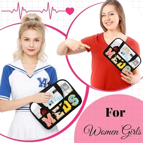 Chenille Letter MEDS Bag Clear Medical Medicine bag for Traveling Preppy Emergency Patch Bag with Handle and Zipper Waterproof Nylon Portable Makeup Bag for Women in Saudi Arabia