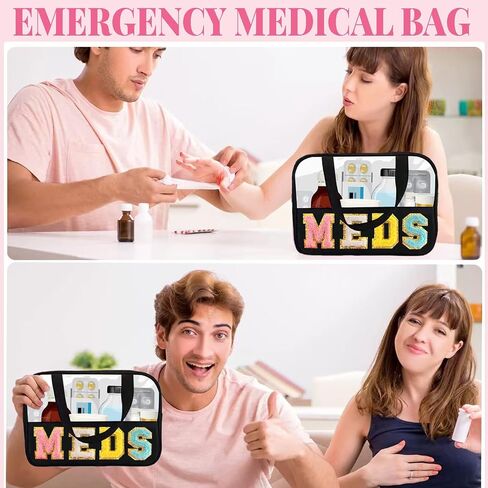 Chenille Letter MEDS Bag Clear Medical Medicine bag for Traveling Preppy Emergency Patch Bag with Handle and Zipper Waterproof Nylon Portable Makeup Bag for Women in Saudi Arabia