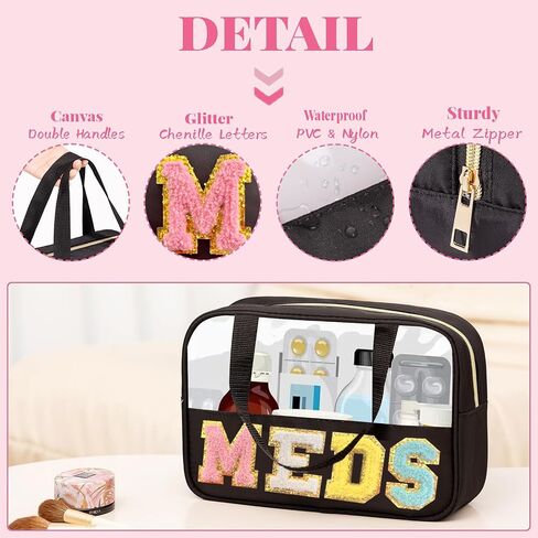Chenille Letter MEDS Bag Clear Medical Medicine bag for Traveling Preppy Emergency Patch Bag with Handle and Zipper Waterproof Nylon Portable Makeup Bag for Women in Saudi Arabia