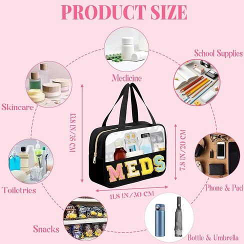 Chenille Letter MEDS Bag Clear Medical Medicine bag for Traveling Preppy Emergency Patch Bag with Handle and Zipper Waterproof Nylon Portable Makeup Bag for Women in Saudi Arabia