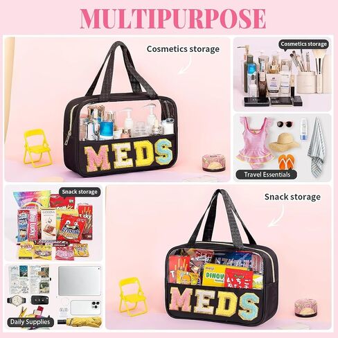 Chenille Letter MEDS Bag Clear Medical Medicine bag for Traveling Preppy Emergency Patch Bag with Handle and Zipper Waterproof Nylon Portable Makeup Bag for Women in Saudi Arabia