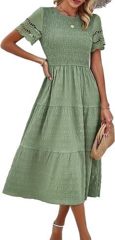 Roll Up Fashion Women's Spring Summer Fall Dresses Solid Color Hallow Eyelet Short Sleeve Midi Dress Beach Vacation in Kuwait