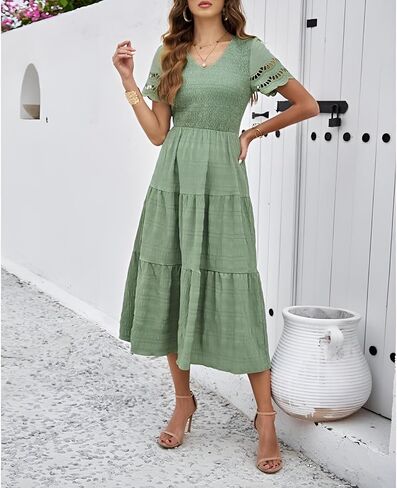 Roll Up Fashion Women's Spring Summer Fall Dresses Solid Color Hallow Eyelet Short Sleeve Midi Dress Beach Vacation in Kuwait
