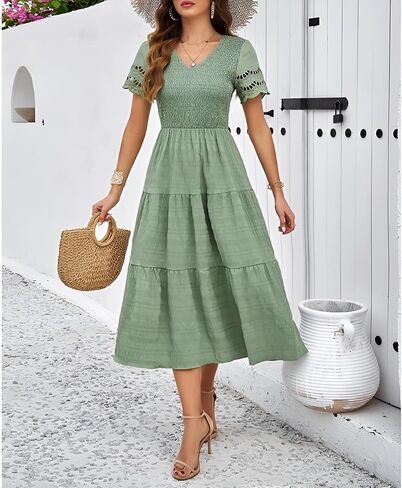 Roll Up Fashion Women's Spring Summer Fall Dresses Solid Color Hallow Eyelet Short Sleeve Midi Dress Beach Vacation in Kuwait