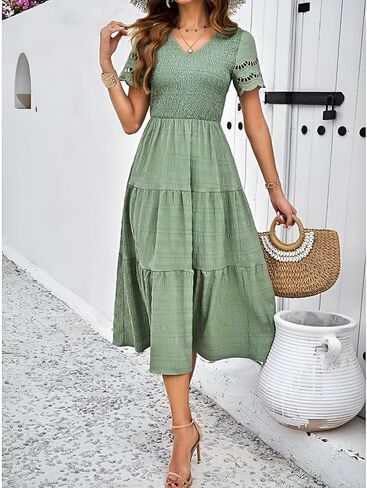 Roll Up Fashion Women's Spring Summer Fall Dresses Solid Color Hallow Eyelet Short Sleeve Midi Dress Beach Vacation in Kuwait