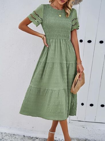 Roll Up Fashion Women's Spring Summer Fall Dresses Solid Color Hallow Eyelet Short Sleeve Midi Dress Beach Vacation in Kuwait
