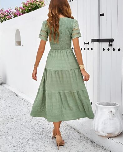 Roll Up Fashion Women's Spring Summer Fall Dresses Solid Color Hallow Eyelet Short Sleeve Midi Dress Beach Vacation in Kuwait