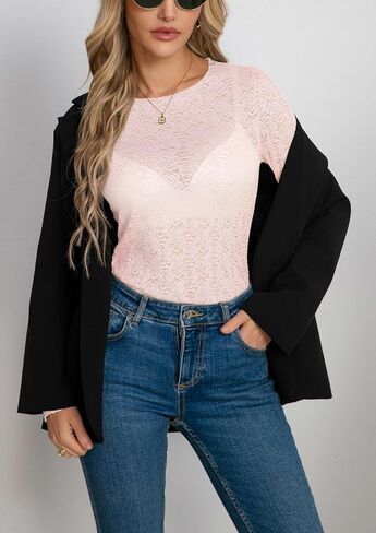 Diosun Womens Lace Floral Tops Long Sleeve Mesh Dound Neck Sexy See من خلال قمصان بلوزات زهرية in Kuwait