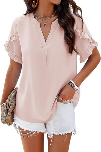 Samefar Womens Tops Dressy Casual V Neck Ruffle Shot Sleeve Shirts Loose Flowy Chiffon Work Business Blouses in Saudi Arabia