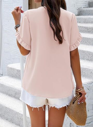Samefar Womens Tops Dressy Casual V Neck Ruffle Shot Sleeve Shirts Loose Flowy Chiffon Work Business Blouses in Saudi Arabia