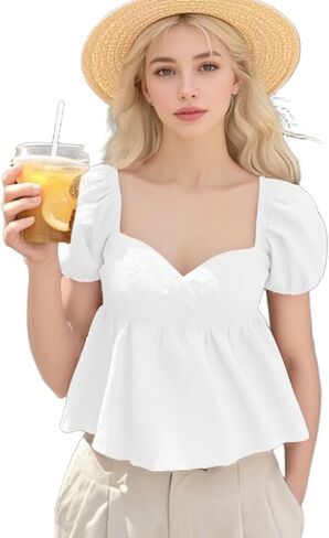 SKAYS Women's Summer Solid Shirt Puff Sleeves Ruffled Back Casual Cute Ruffle Hem Tops in Saudi Arabia