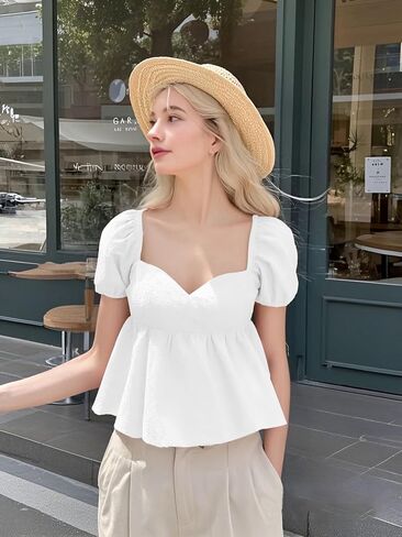 SKAYS Women's Summer Solid Shirt Puff Sleeves Ruffled Back Casual Cute Ruffle Hem Tops in Saudi Arabia