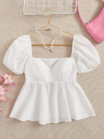 SKAYS Women's Summer Solid Shirt Puff Sleeves Ruffled Back Casual Cute Ruffle Hem Tops in Saudi Arabia