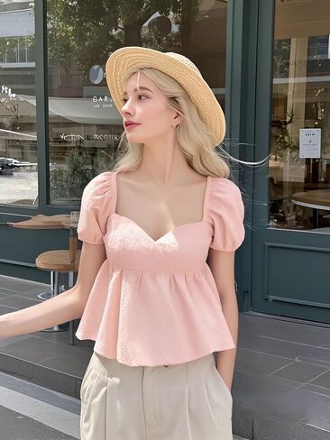 SKAYS Women's Summer Solid Shirt Puff Sleeves Ruffled Back Casual Cute Ruffle Hem Tops in Saudi Arabia
