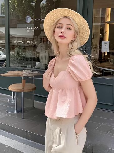 SKAYS Women's Summer Solid Shirt Puff Sleeves Ruffled Back Casual Cute Ruffle Hem Tops in Saudi Arabia